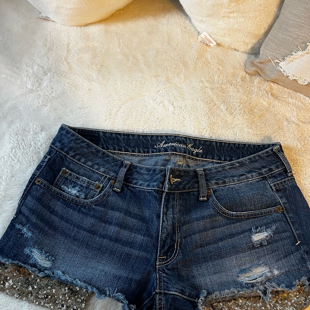 American Eagle Outfitters Blue Distressed Jean Shorts